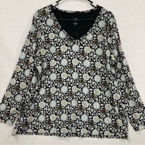 J.Jill Floral V-Neck Pima Cotton Long Sleeve Stretch Top XL